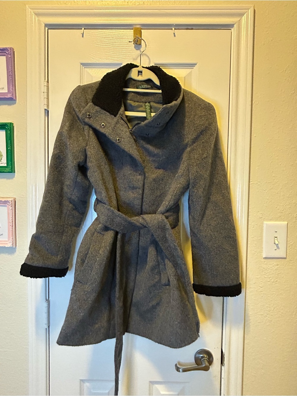 Ralph Lauren Grey Wool-Blend Belted Trench Coat with Black Trim